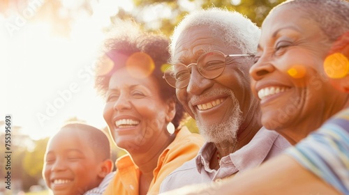 A joyful family moment: two older adults and two children smile brightly, enjoying a sunny day outdoors, reflecting happiness, and close intergenerational bonds.