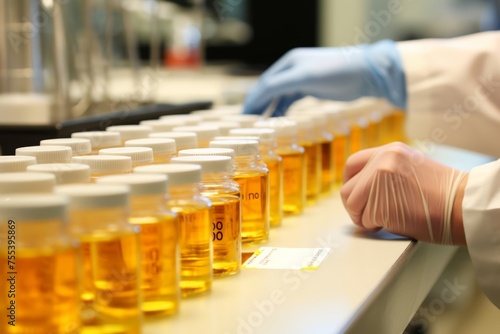 
A laboratory technician carefully labeling and organizing urine samples before analysis, ensuring accuracy and traceability in the testing process.