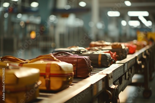 Suitcases, bags and backpacks on a transport belt at the airport. Travel luggage moves along a conveyor belt at an airport terminal.