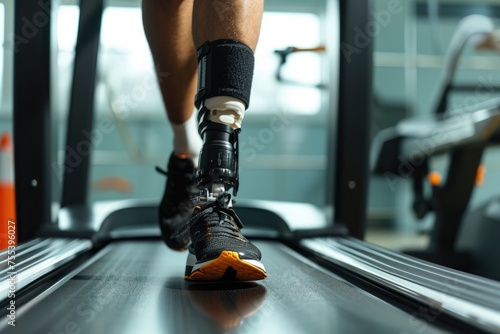 A disabled man with a prosthetic instead of a leg trains on a treadmill. Close-up of sneakers on the belt of a sports simulator.