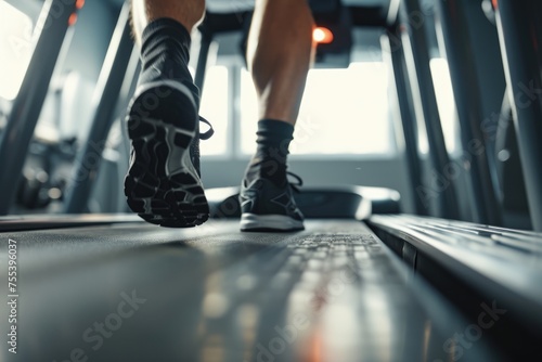 Close-up of feet in sneakers, man athlete working out on a treadmill. Active running workout of a male athlete in a fitness center.