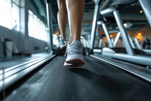 Close-up of legs in sneakers, girl athlete doing sports on a treadmill. Active running workout of a woman in a fitness center.