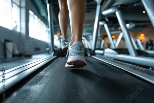 Close-up of legs in sneakers, girl athlete doing sports on a treadmill. Active running workout of a woman in a fitness center. © photolas