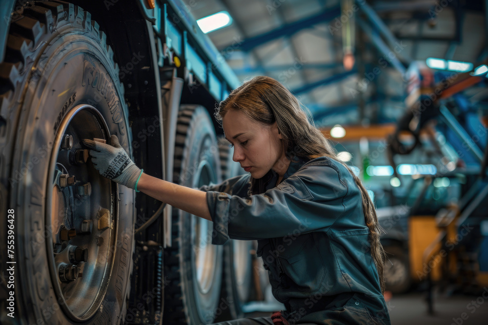 Truck mechanic female repairing wheels on vehicle in workshop