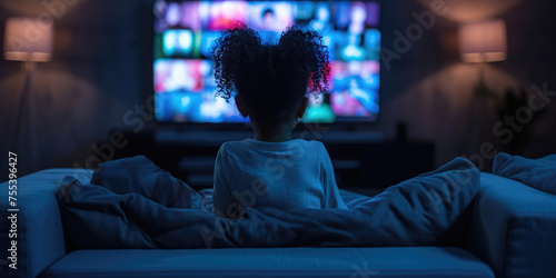 Sedentary entertainment addicted lifestyle. Addiction to technology gadgets and media concept. Back of school toddler girl choosing watching tv screen select channel what to watch when staying at home