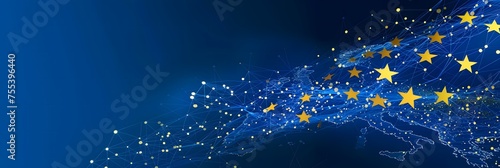 European Union flag banner with a brush stroke on a blue background. Horizontal banner