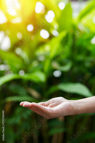 
Technology,   Hands holding  globe of tropical nature summer background, 