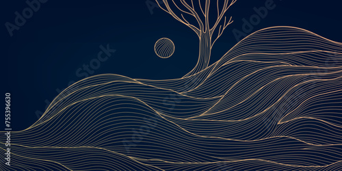 Vector wave line landscape with sun, moon and tree. Abstract hill nature background, japanese style. Minimalist texture pattern.