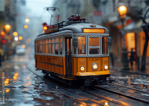 An Lisbon downtown a street car of a retro tram going down a street at the early morning
