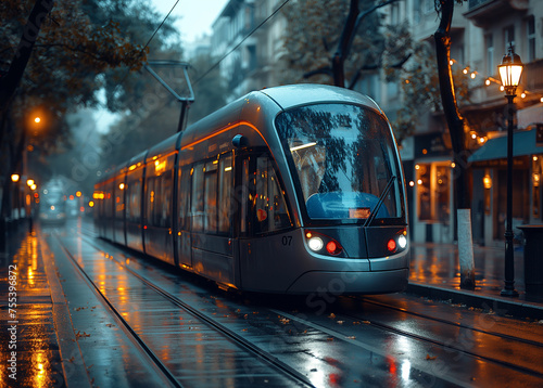 An Istanbul downtown a street car of a tram going down a street