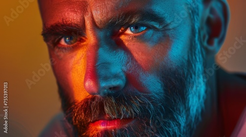 Portrait of a man with beard in neon colors. A highlight of color on the face. Chromatic aberration in fashion editorial.