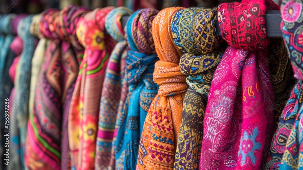A vast selection of vibrant shawls at the bazaar.