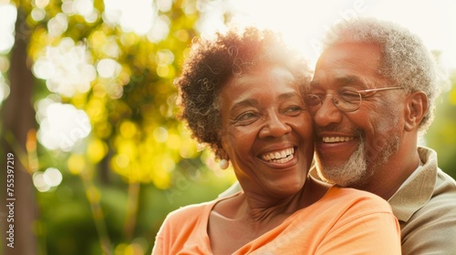 An older couple embracing and smiling amid a warm, sunlit setting, expressing happiness and closeness in a moment of shared affection.