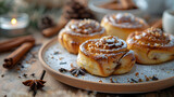 Plate of cinnamon rolls with powdered sugar on a wooden table