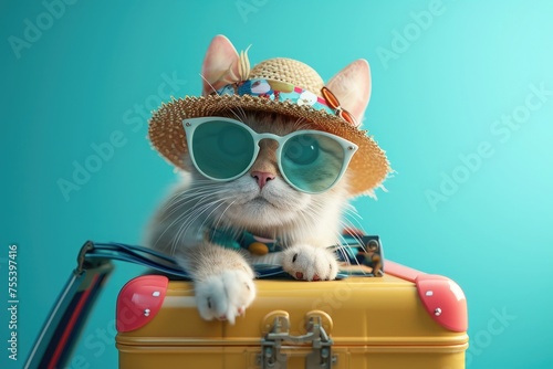 Cat with sunglasses and suitcase.