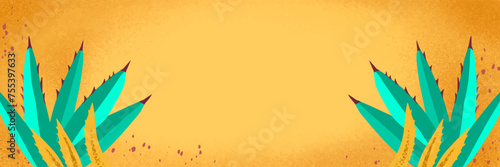 Banner, background with leaves of succulents in yellow and blue colors for design. Vector illustration with ability to change color and move objects.