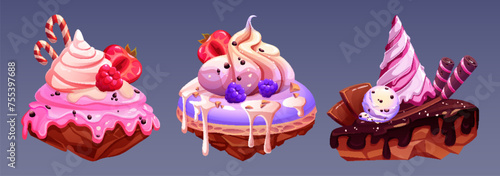 Floating candy island with chocolate for fantasy game world. Sweet cake and marshmallow mountain landscape isolated on background. Magic colorful flying cream rock with strawberry 2d environment