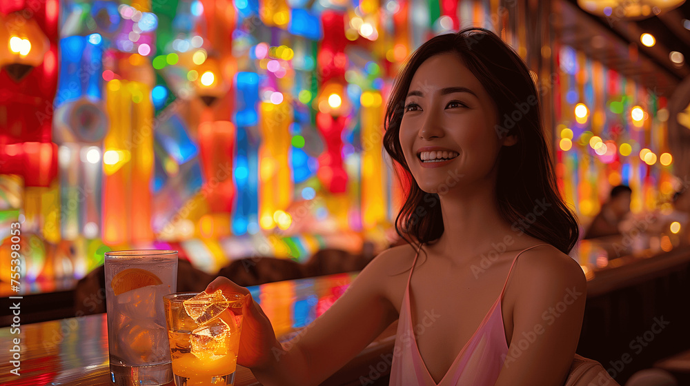 Smiling Young Woman Enjoying Cocktail at Colorful Bar