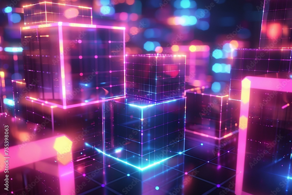 Abstract 3D neon grid with floating polygons, ideal for tech promos Abstract 3D neon grid with floating polygons, ideal for tech promos
