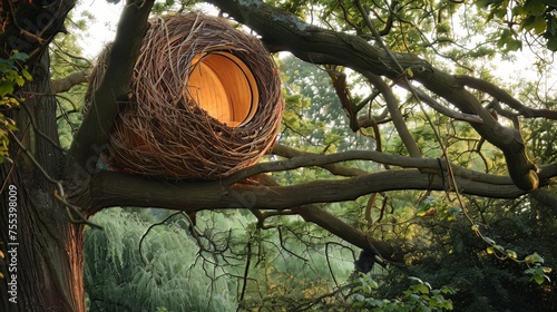 Bird's Nest in the Treetops. cute treehouse built high in the branches, reminiscent of a bird's nest. Surrounded by the sounds of chirping birds, it creates a harmonious living space in close photo