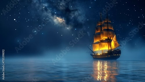 Sailing ship in the middle of ocean waves under the starry sky at night. seamless looping 4k time-lapse animation video background photo