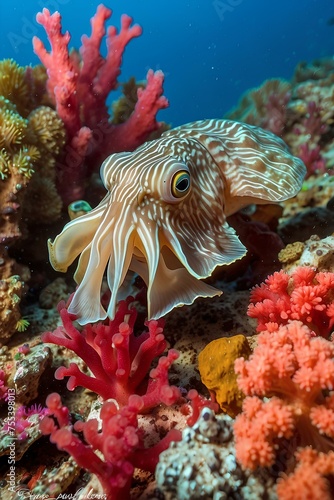 Vibrant Underwater Dance - Cuttlefish Amongst Coral Reefs © Prabhash