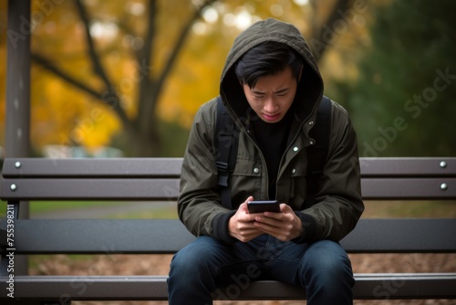 
Photo of a teenage boy, age 16, Asian, sitting on a park bench, with a troubled expression on his face as he receives bad news over the phone.