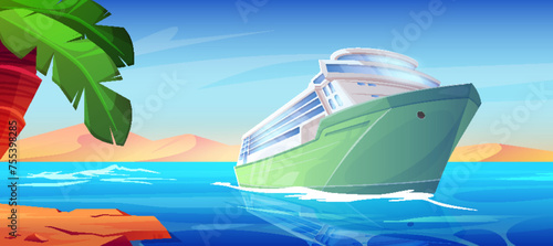 Cruise ship in ocean water near beach cartoon background. Sea and vacation liner deck in summer. Passenger boat for luxury voyage to island. Modern marine seaside scene with desert shore landscape