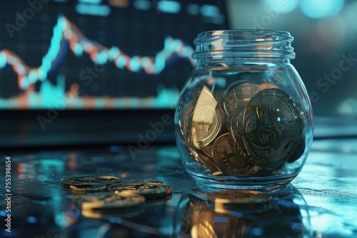 Glass jar with bitcoin coins on blurred background of monitor with color chart of rate change on cryptocurrency exchange. The concept of accumulation and saving of digital money.