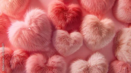 Fuzzy Love. 3D Fur Hearts Textured with a Pastel Pink and Red Color Palette, Adding Warmth and Softness to Romantic Designs.