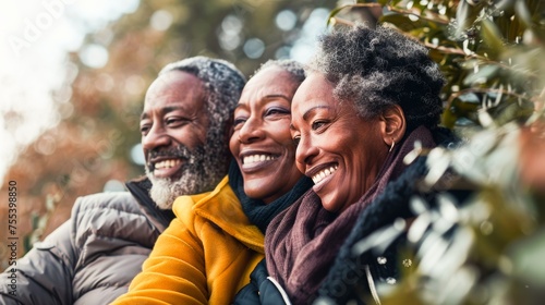 Three joyful older adults share a close moment outdoors, radiating happiness and togetherness with smiles, amidst a backdrop of autumnal foliage.