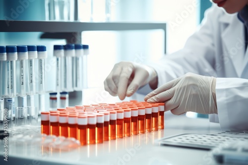 
Photo of modern equipment used for blood analysis with a focus on a blood sample tube held by a young male scientist.