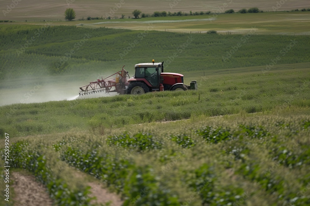 Fototapeta premium A farm tractor with a trailed sprayer processes a field sown with corn with plant protection products. 