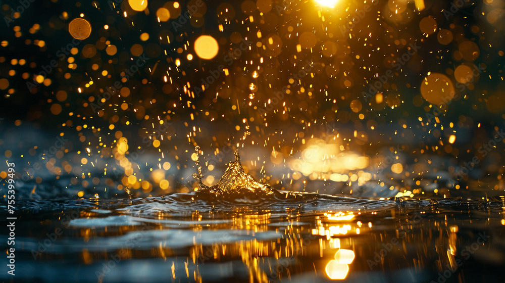 A dynamic scene of golden raindrops splashing into a crystal clear pond
