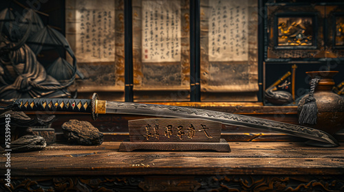 A detailed still life of a samurais katana meticulously placed on an ancient wooden table