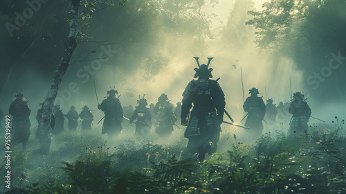 A powerful depiction of a shogun leading his samurai retainers through a misty forest their armor and swords gleaming in the sporadic sunlight