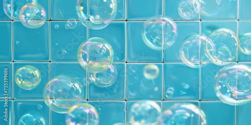 Having bubble bath shower skincare enjoying relaxation moment concept. Floating transparent soap bubbles in blue tile bathroom