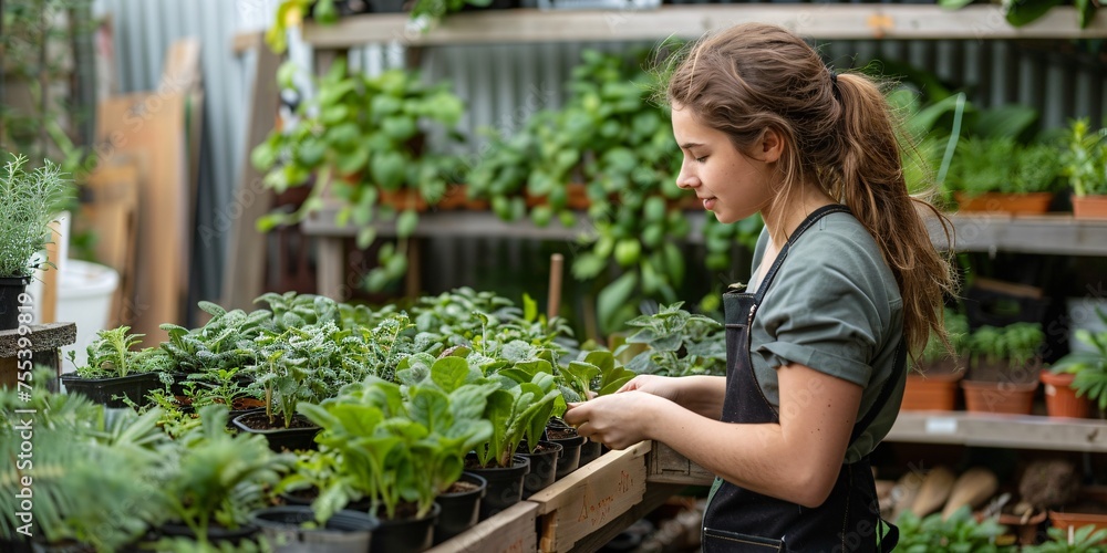 Woman employee sorting plants in greenhouse with copy area.