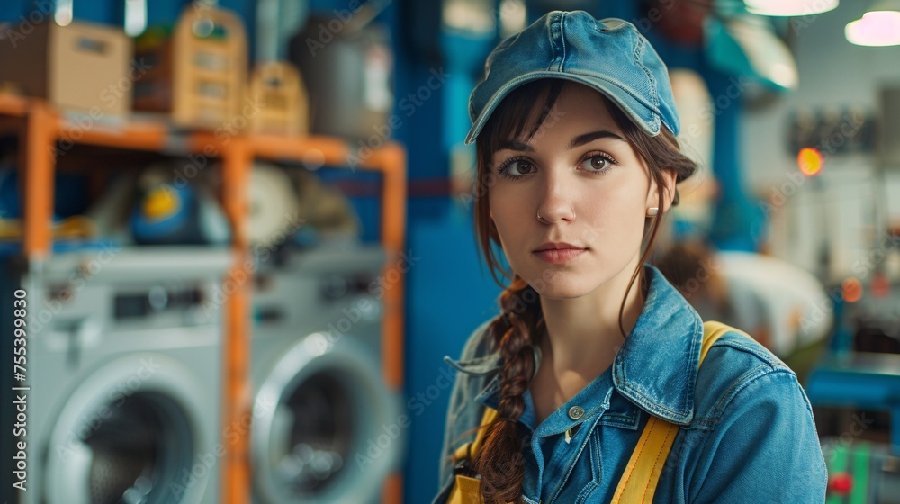 Expert in attire with equipment and euro female laundry appliance. Expert in attire with equipment and euro female laundry appliance.
