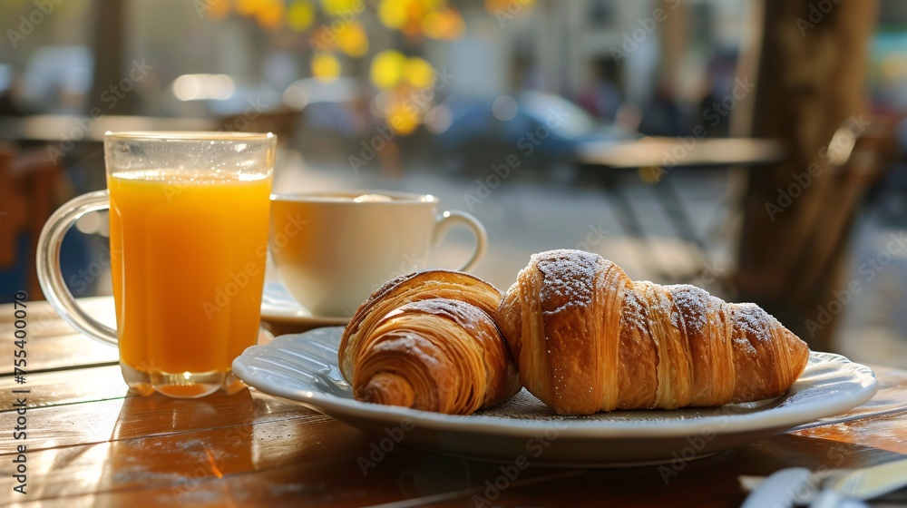 Traditional French morning meal at a bistro patio with chocolate croissants, toast, and fresh-squeezed citrus beverage. Traditional French morning meal at a bistro patio with chocolate croissants, toast, and fresh-squeezed citrus beverage.