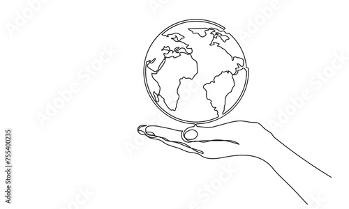 Continuous line drawing of hand-holding earth. single-line palm hand holding earth globe. globe world map vector illustration. human hand holding world planet Earth.