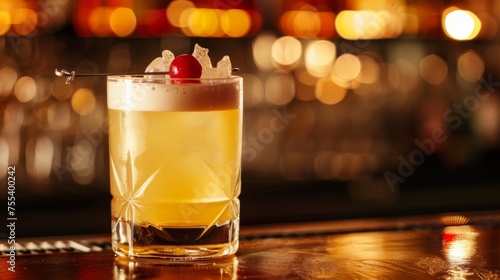 Whiskey Sour cocktail on night club background. Glass of alcoholic drink