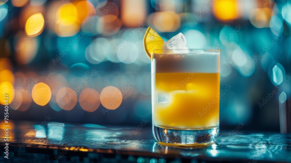 Whiskey Sour cocktail on night club background. Glass of alcoholic drink Whiskey Sour cocktail on night club background. Glass of alcoholic drink
