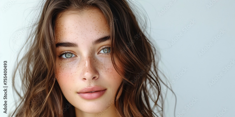 Naklejka premium A youthful brown-haired female posing alone against a white backdrop.