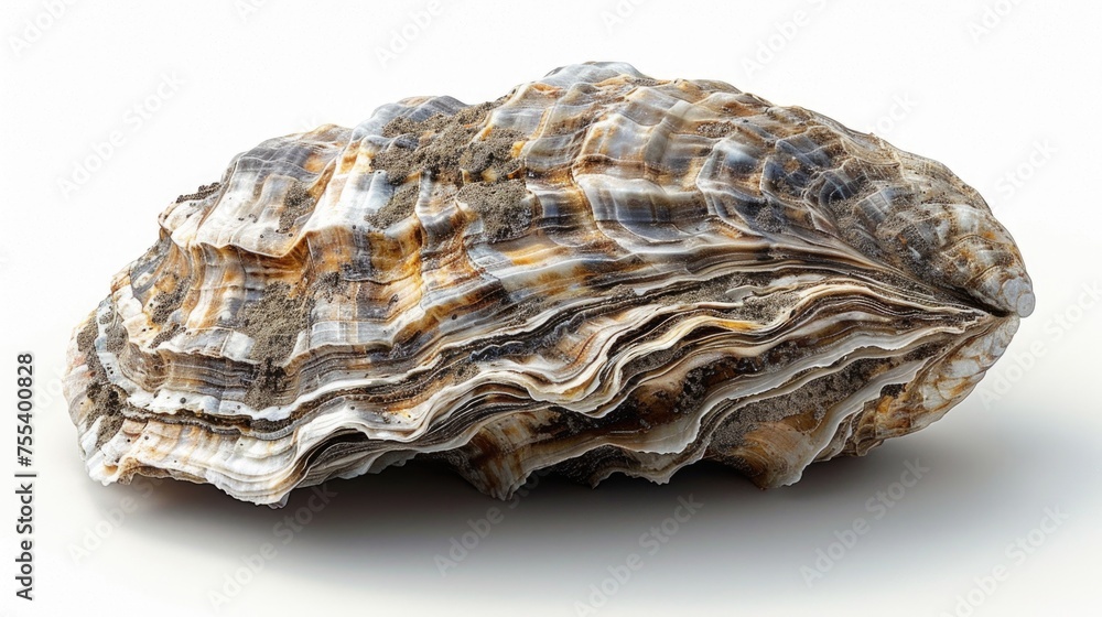 Macro photography of a detailed textured seashell isolated on a white background
