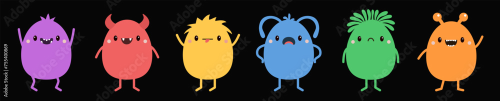 Obraz premium Happy Halloween. Cute monster set line. Six cartoon kawaii funny baby character. Colorful silhouette monsters. Different emotions. Face with horns, teeth, eyes. Black background. Flat design.