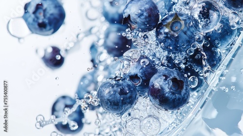 Blueberries in water with air bubbles. Macro shot with a focus on freshness.