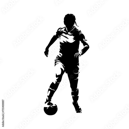 Woman soccer player. Isolated vector silhouette. Female playing football, front view