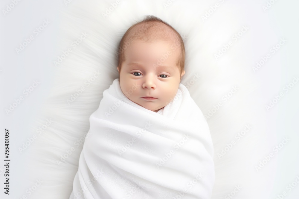 A baby wrapped up in a white blanket, perfect for family and newborn concepts