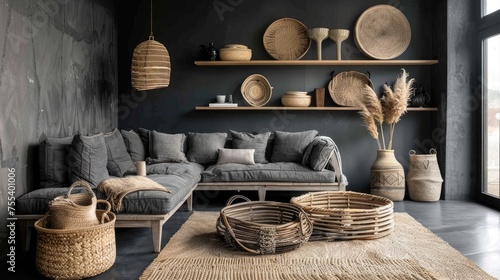 Woven baskets on dark wooden shelves with dried plants in home decor setting.